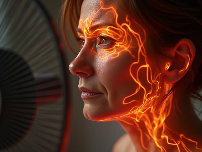 Studio portrait of a woman experiencing hot flashes, with a fan nearby