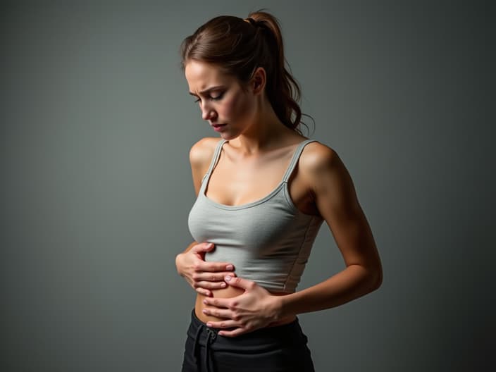 Studio portrait of a woman holding her stomach, looking uncomfortable