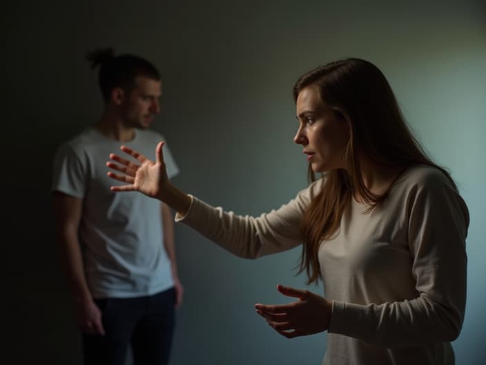 Studio portrait of a worried parent reaching out towards a blurred figure