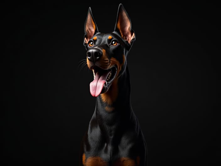 Studio portrait of an alert Doberman Pinscher dog in a protective stance, dramatic lighting