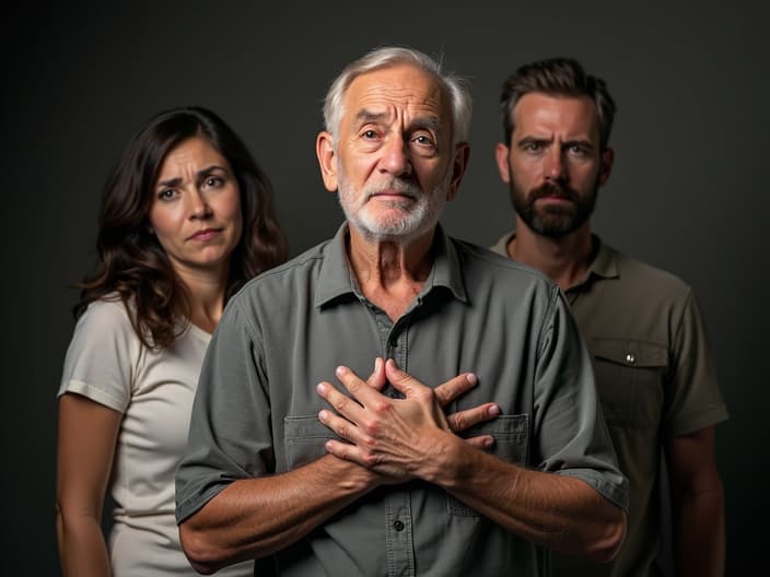 Studio portrait of an older man clutching his chest, with worried family members