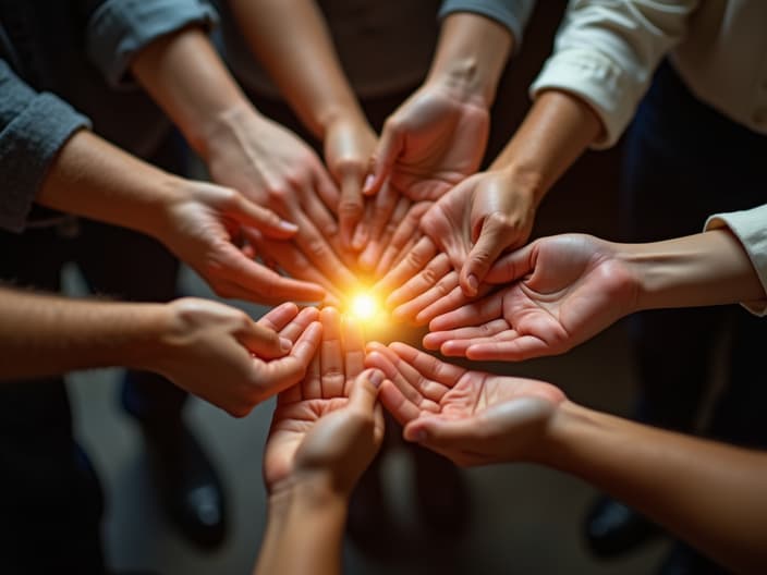 Studio portrait of diverse hands coming together in unity, warm lighting