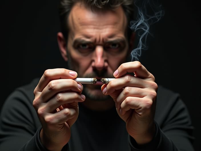 Studio portrait of hands breaking a cigarette in half, determined expression