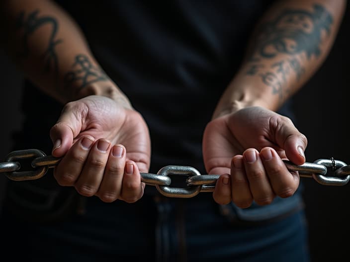 Studio portrait of hands breaking free from chains, symbolizing overcoming addiction