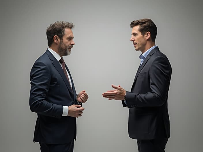 Studio portrait of two people engaged in a constructive negotiation