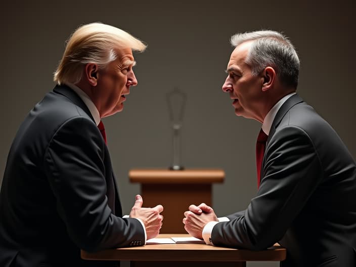 Studio portrait of two people engaged in an animated discussion, with a debate podium in the background