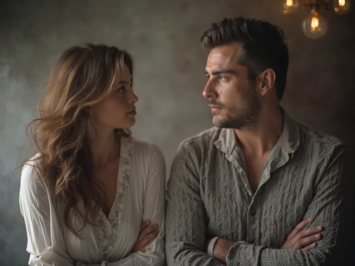 Studio portrait of two people having a serious but caring conversation