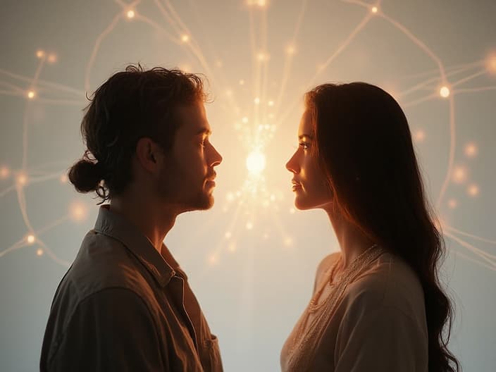 Studio portrait of two people interacting mindfully, with improved connection symbolized