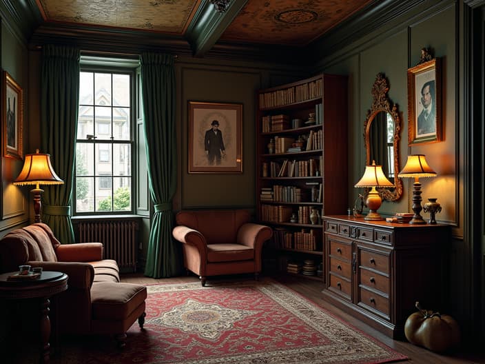 Studio recreation of Sherlock Holmes's apartment from the BBC series, Victorian era decor, detective paraphernalia