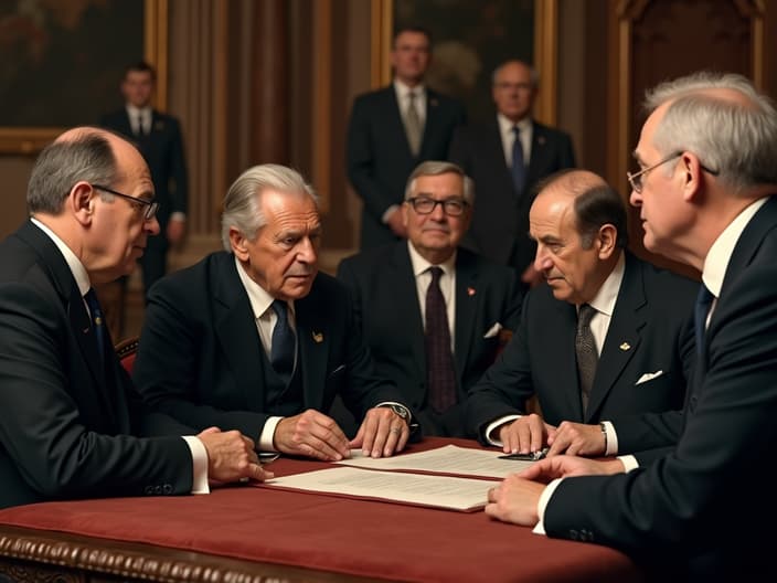 Studio recreation of the signing of the Treaty of Versailles, Allied leaders and diplomats, formal setting