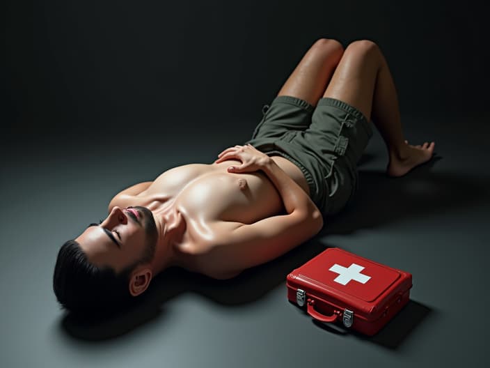 Studio shot demonstrating recovery position, with first aid kit nearby