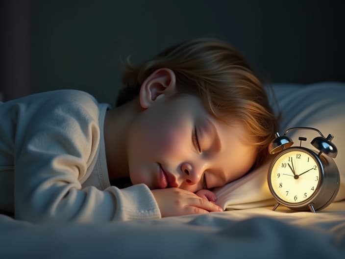 Studio shot of a 3-year-old sleeping peacefully, with a clock nearby