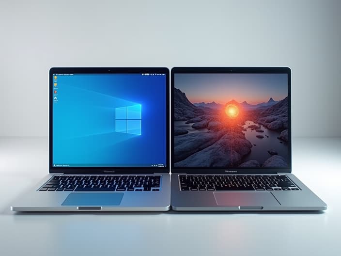 Studio shot of a MacBook and Windows laptop side by side, with data transfer tools