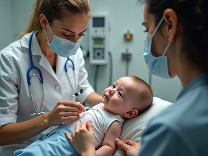 Studio shot of a baby getting vaccinated, with a pediatrician nearby