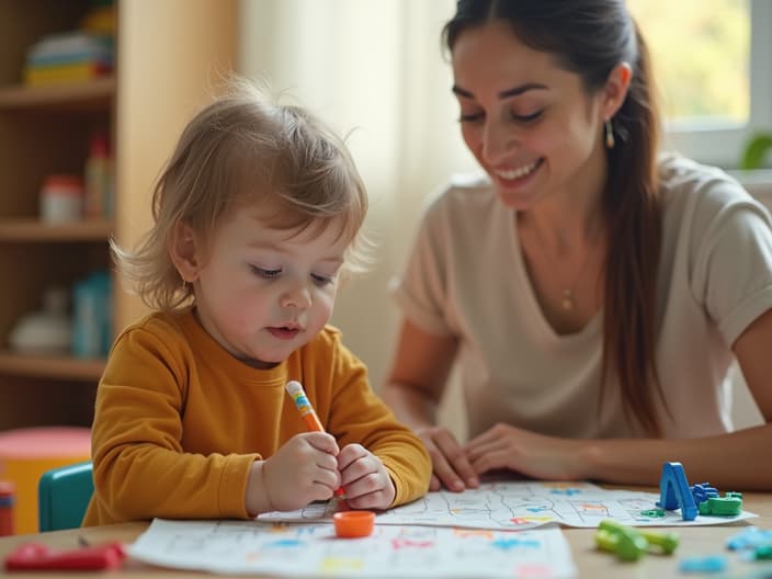 Studio shot of a child in a daycare setting, with a teacher nearby