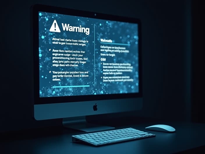 Studio shot of a computer screen with a warning sign and data loss prevention tips