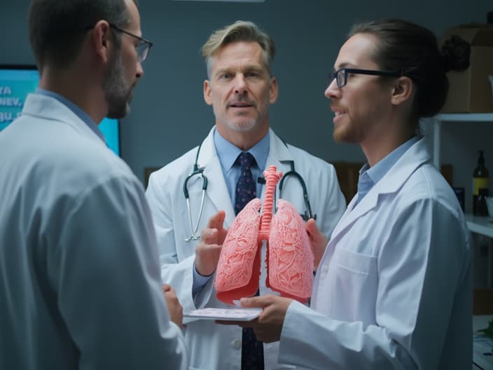 Studio shot of a doctor explaining COPD using a lung model