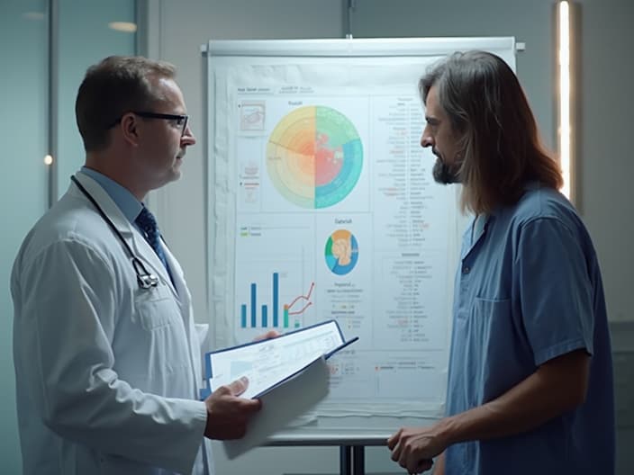 Studio shot of a doctor explaining a cholesterol chart to a patient