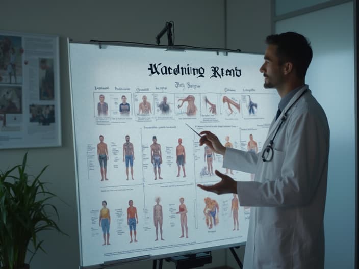 Studio shot of a doctor explaining cancer warning signs using a medical poster