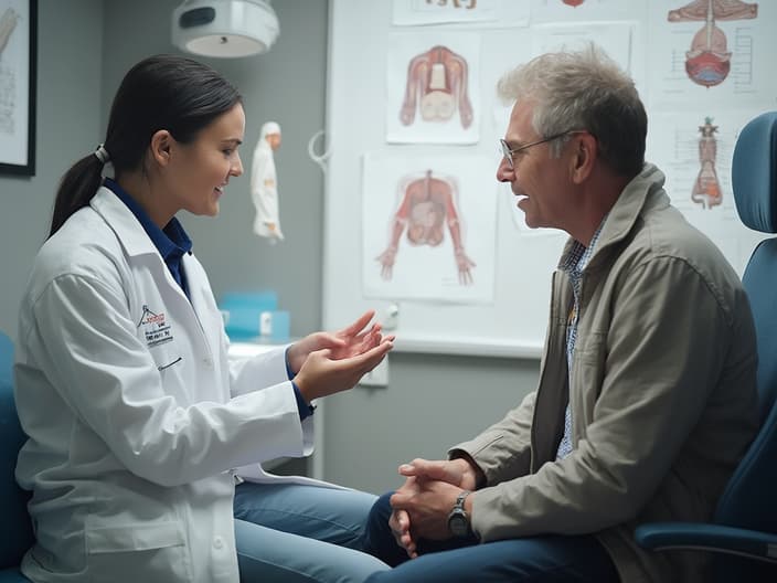 Studio shot of a doctor explaining diabetes management to a patient, with medical charts and models visible