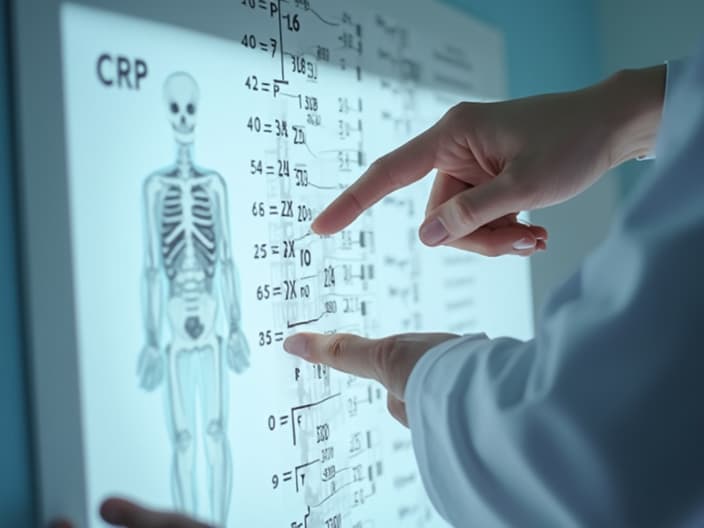 Studio shot of a doctor pointing to CRP levels on a medical chart