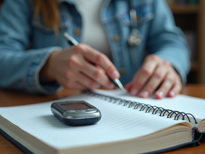 Studio shot of a glucometer and a person with a diabetes logbook