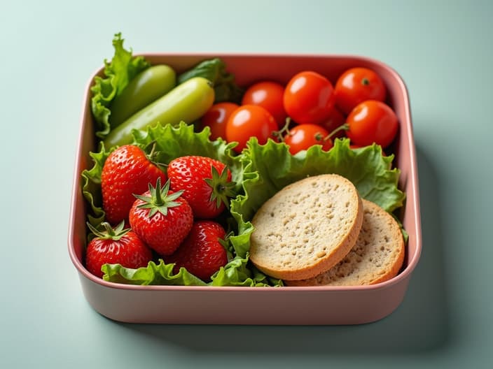 Studio shot of a healthy lunch box with various compartments, filled with nutritious foods