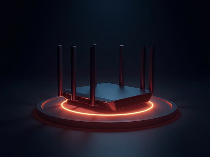 Studio shot of a home router surrounded by a glowing protective shield, dark background