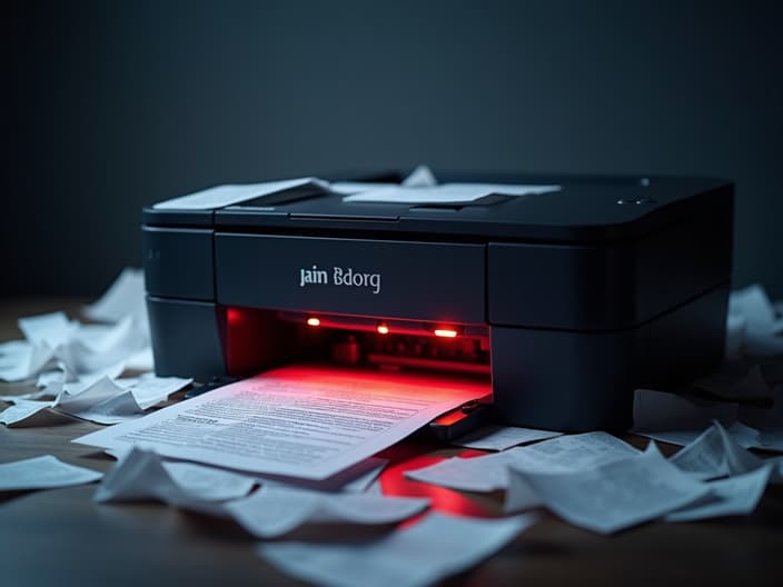 Studio shot of a jammed printer with error lights flashing, paper scattered around