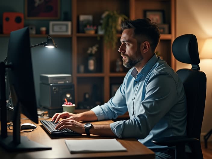 Studio shot of a man at a desk, with ergonomic accessories nearby