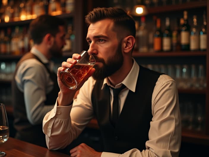 Studio shot of a man drinking alcohol, with a bartender nearby