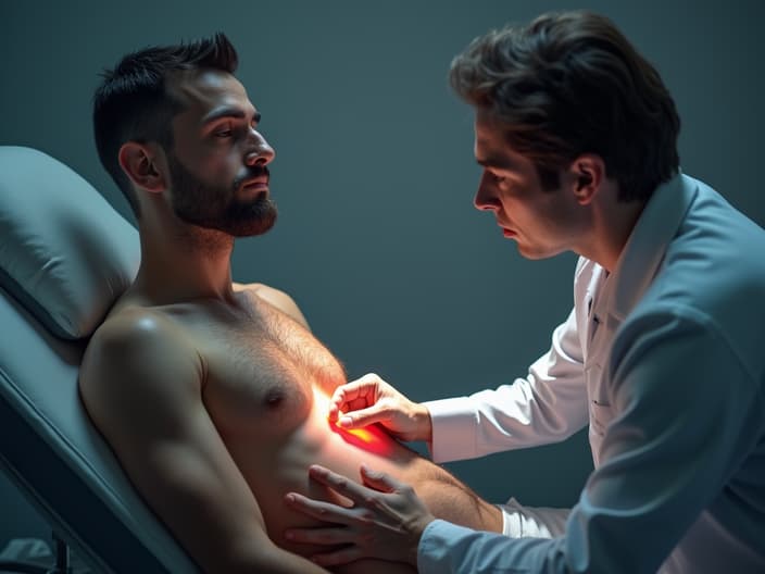 Studio shot of a man getting a prostate exam, with a doctor nearby