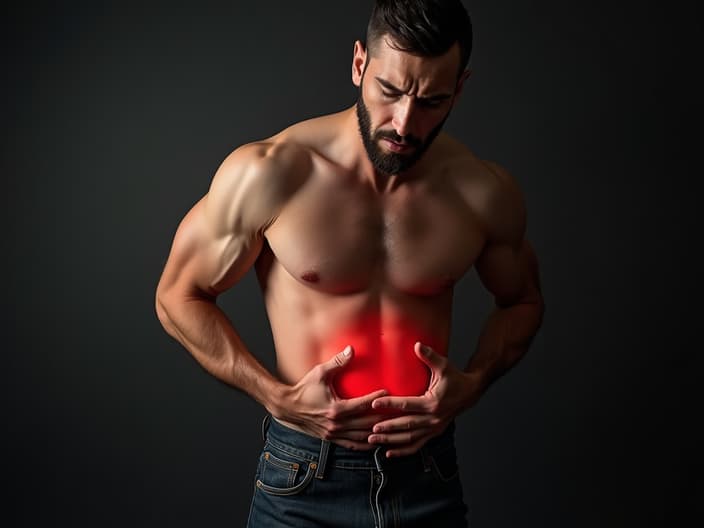 Studio shot of a man holding his groin area, looking uncomfortable