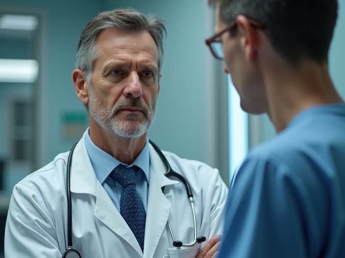 Studio shot of a man in a doctor's office, with a doctor nearby