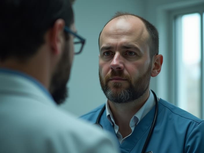 Studio shot of a man with a bald spot, with a doctor nearby