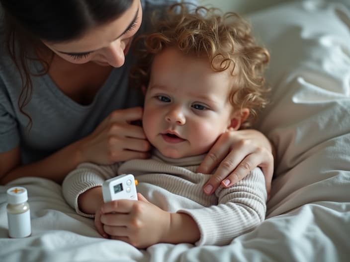 Studio shot of a parent comforting a child, with a thermometer and medication nearby