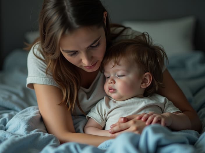 Studio shot of a parent comforting a sick child, with medication nearby