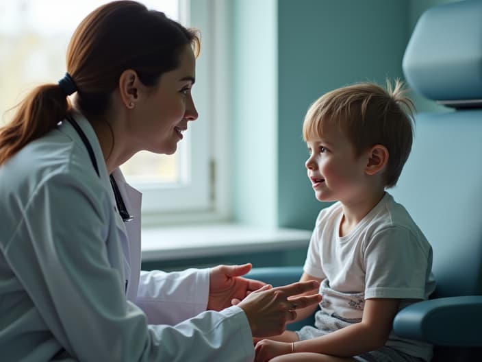 Studio shot of a parent explaining to a child what will happen at the doctor's office