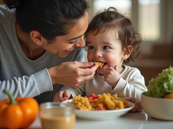 Studio shot of a parent feeding a toddler, with healthy food options nearby