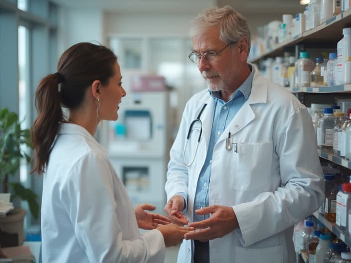 Studio shot of a patient discussing medication with a pharmacist