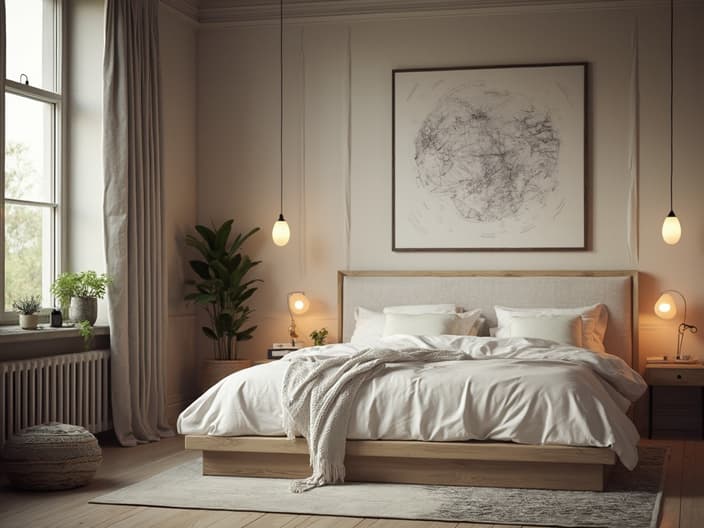 Studio shot of a peaceful bedroom with a sleep cycle chart nearby