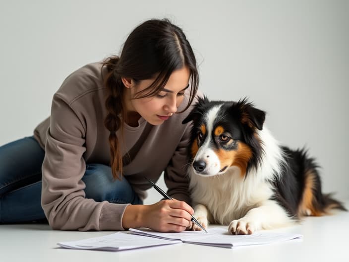 Studio shot of a person and an Australian Shepherd dog focused on a task together, clean background