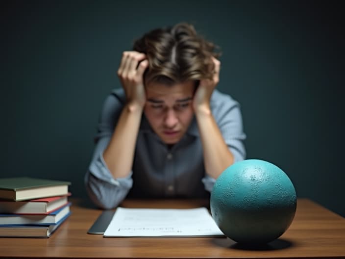 Studio shot of a person at a desk, looking stressed, with a stress ball nearby