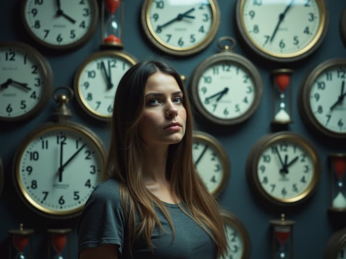 Studio shot of a person caught between multiple clocks and hourglasses, symbolizing the concept of time