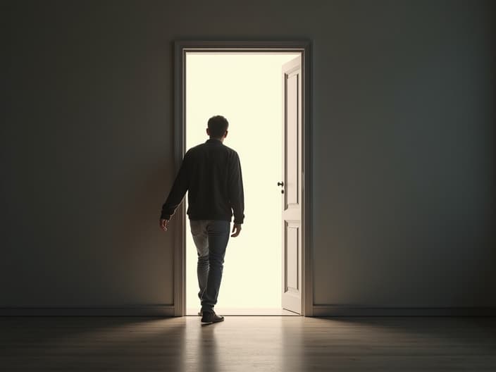 Studio shot of a person confidently stepping through an open door, symbolizing overcoming agoraphobia