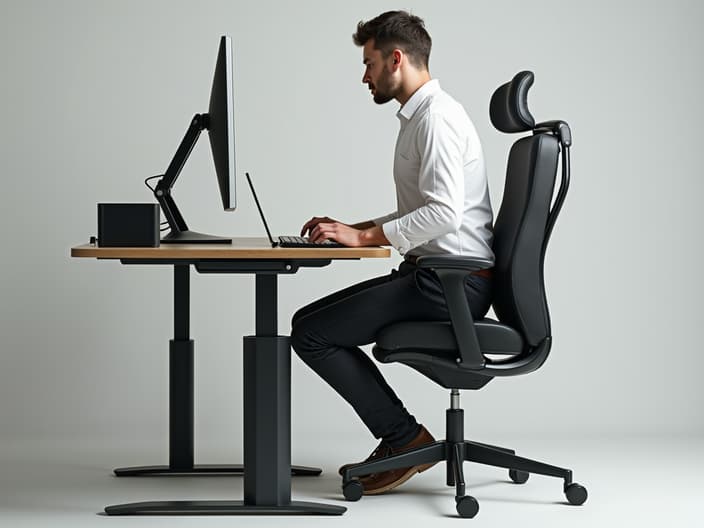 Studio shot of a person demonstrating proper posture at a desk, with ergonomic accessories