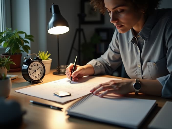 Studio shot of a person efficiently organizing a desk with clock and calendar, crisp lighting