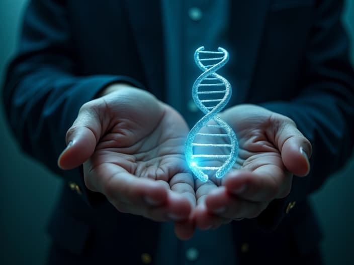 Studio shot of a person holding a glowing DNA strand and a microchip, representing biotech ethics