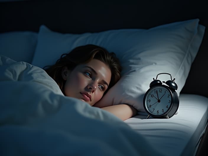 Studio shot of a person lying awake in bed, with a clock nearby