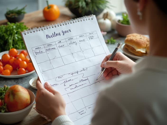 Studio shot of a person planning a healthy meal and workout routine, with a calendar and healthy foods visible